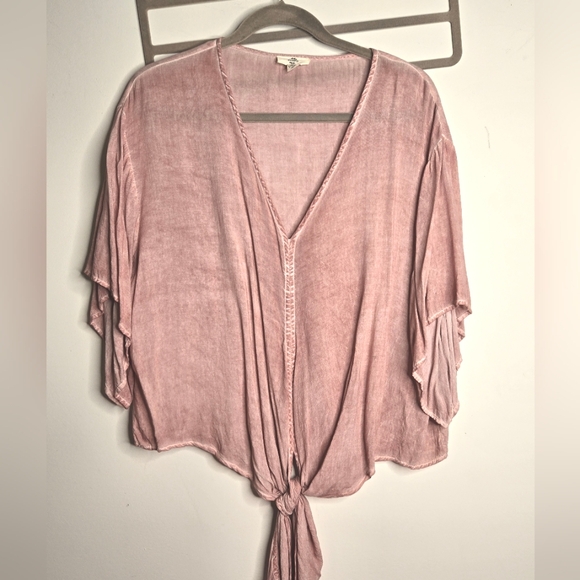 Entro Cropped Tie Blouse Size Small Pink V-neck Flowing Boho 💕 - Picture 1 of 5